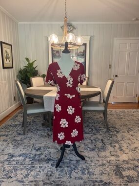 Women's Cranberry Floral Faux Wrap Dress - Elegant V-Neck Midi